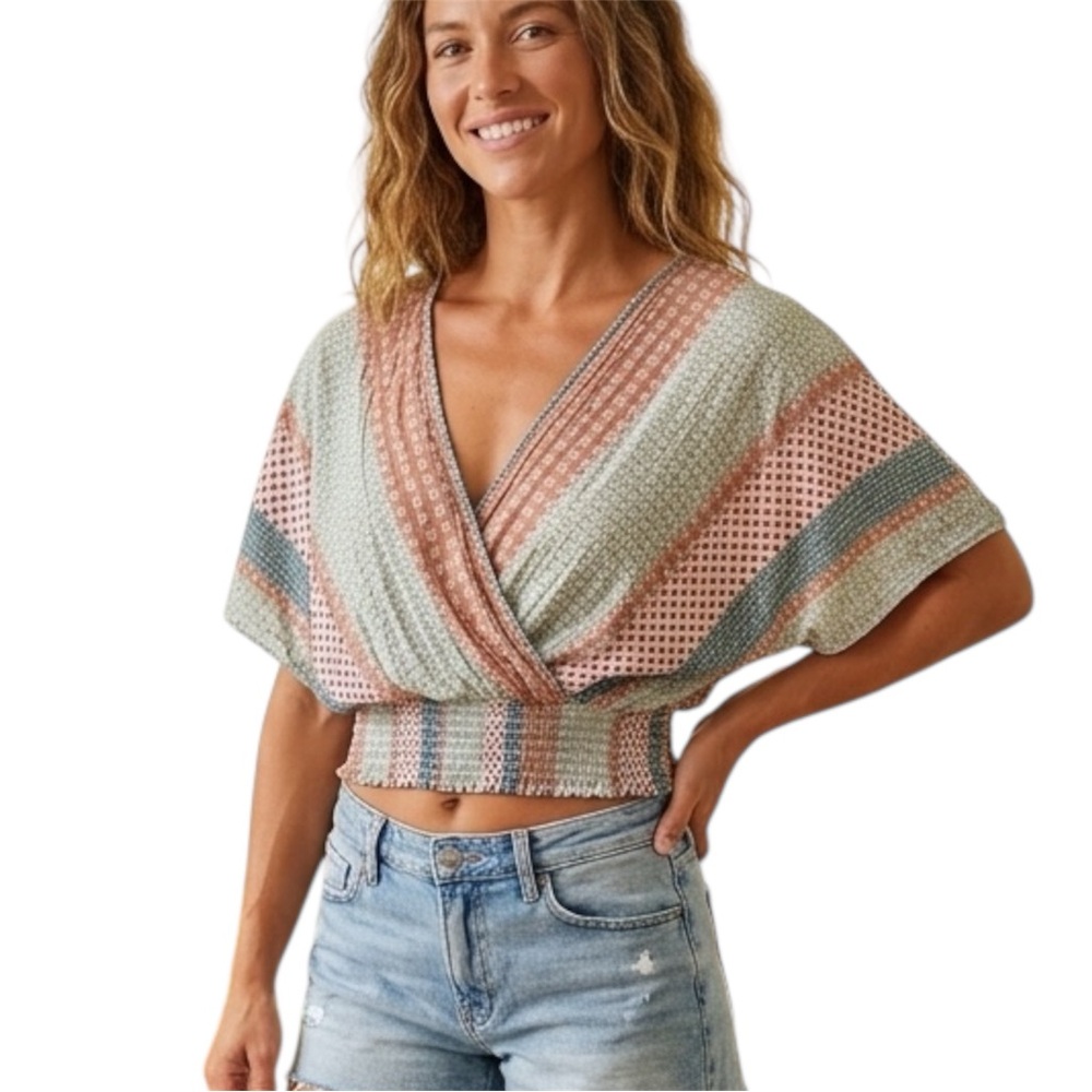 Blue B Patchwork Quilt Print Crossover Boho Cottagecore Crop Top Size Small